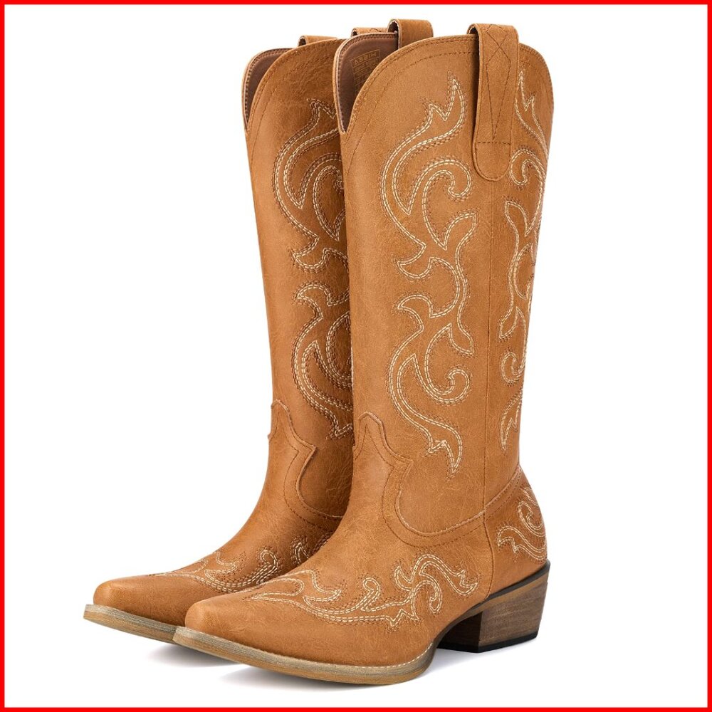 Western Cowgirl Boots with Chunky Heel Snip Toe Mid-Calf Boots